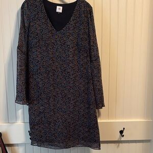 CAbi Long Sleeve Dress with Blue and Brown Pattern